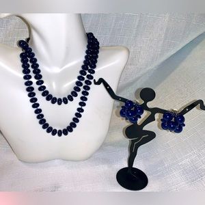 Vintage Beaded Necklace Clip On Earrings Navy Blue